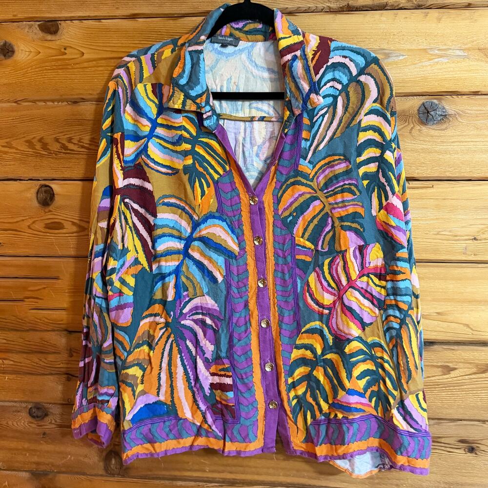 Haute Hippie Colorful Tropical Print Button-Up Blouse 3X